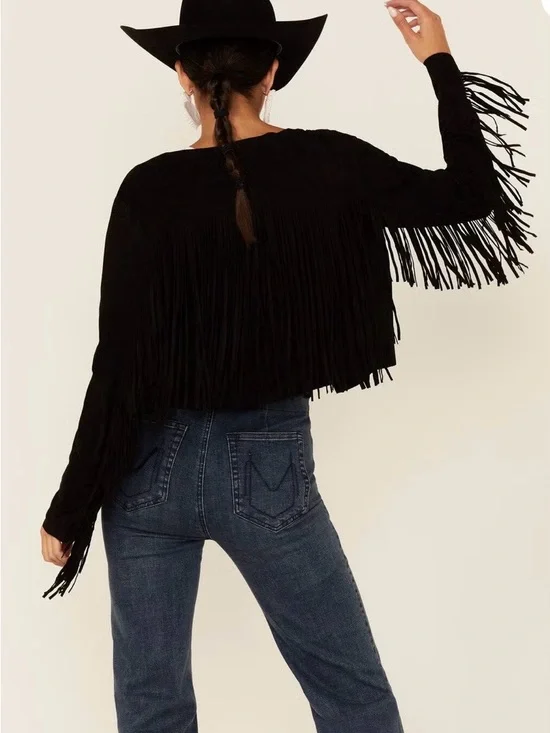 Vocal Black Faux Suede Fringe Cropped Jacket Western Boho Cowgirl Style Medium - Picture 3 of 9